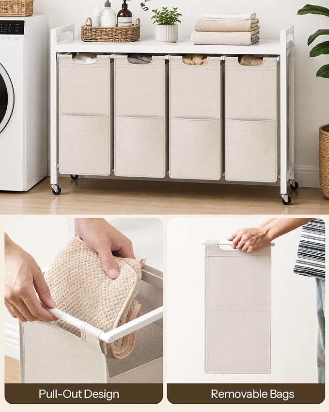 HOOBRO Laundry Sorter 4 Sections, Laundry Hamper with Wheels, 4 × 10.5 Gal (40 L), Rolling Laundry Basket, Pull-Out and Removable Oxford Fabric Bags, White WG04XY01