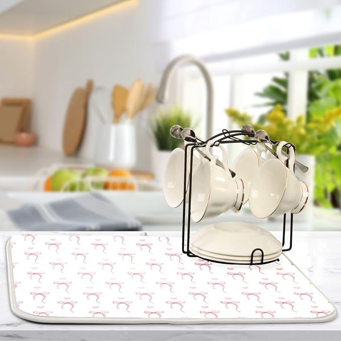 Pink Ribbon Bow Dish Drying Mat Quick Absorbent 18x24 Cute Bow Tie White Kitchen Drying Mat for Countertop Sink Reusable Dishes Mats Kitchen Essentials