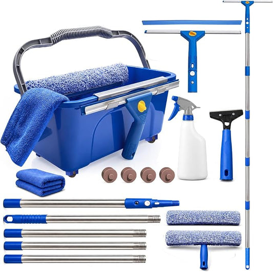 Window Cleaning Kit with Extension Pole Professional Window Washing Kit | with Bucket, 79"Window Squeegee with Microfiber Scrubber Scraper,Window Cleaner Tool for Indoor Outdoor High Windows