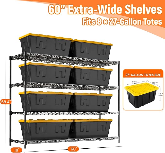 60" W Storage Shelves 2640 LBS Heavy Duty Garage Shelving, Adjustable Wire Shelving Metal Shelving with Liners, Fits 27-Gallon Totes, 60" W x 18" D x 68.4" H for Commercial Warehouse, Black