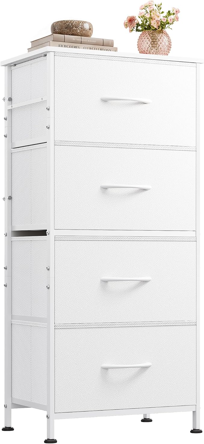 WLIVE Dresser with 4 Drawers, Storage Tower, Organizer Unit, Fabric Dresser for Bedroom, Hallway, Entryway, Closets, Sturdy Steel Frame, Wood Top, Easy Pull Handle, White