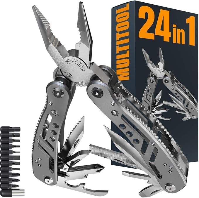 24-in-1 Multitool with Knife, Pliers & 11 Bits Sharp Stainless Steel - Multi Tool for Men - Ideal Gear with Tools for Camping Hiking, Survival, EDC - Best Gifts for Husband Boyfriend 2238