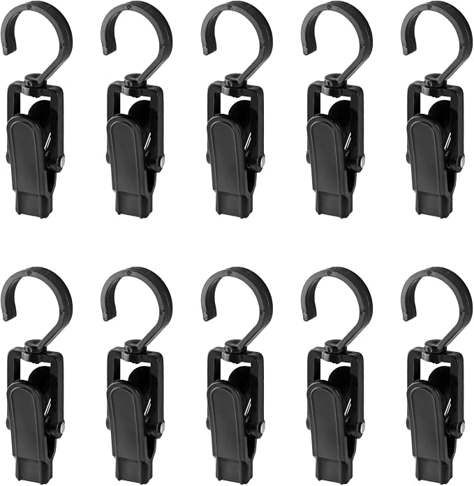 Jiozermi 10 PCS Laundry Hooks Clip, Plastic, Black | Super Strong, Swivel Hooks, For Clothing Store Home Office & Workshop