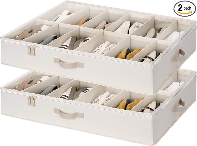 StorageWorks Underbed Shoe Storage Organizer, Fits up to 24 Pairs, Ivory | Cottlyn Fabric, Adjustable Dividers, 5.25" Height, Fits 6-inch+ Clearance, Clear Top, Soft Handles, For Closet, Bedroom