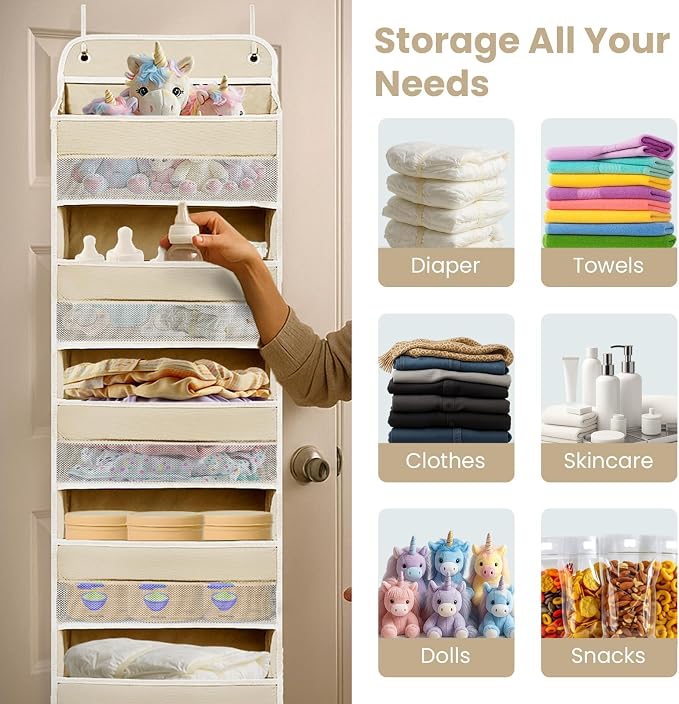 Easy Assembly Over The Door Organizer, 6 Shelves&10 Side Pockets, Heavy-Duty Reinforced Mesh Rack Holds 44lb, Hanging Behind Door Storage for Bathroom Pantry, Nursery, Closet, Shoes,Towels-Ivory White