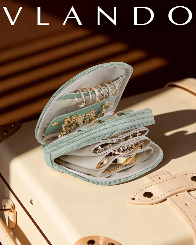 VLANDO 2-Layer Jewelry Travel Case for Necklaces,Rings,Earrings | Portable Organizer with Zip Closure Keeps Small Jewelry Separated for Vacations, Carry-On Purse, Weekend Trips, Green Grape