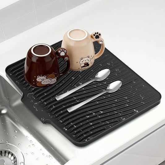 Silicone Dish Drying Mat for Kitchen counter, 19.7"x17" Extra Large Non-Slip Drain Pad with Built-in Drainage, Heat Resistant Dishwasher Safe, Black