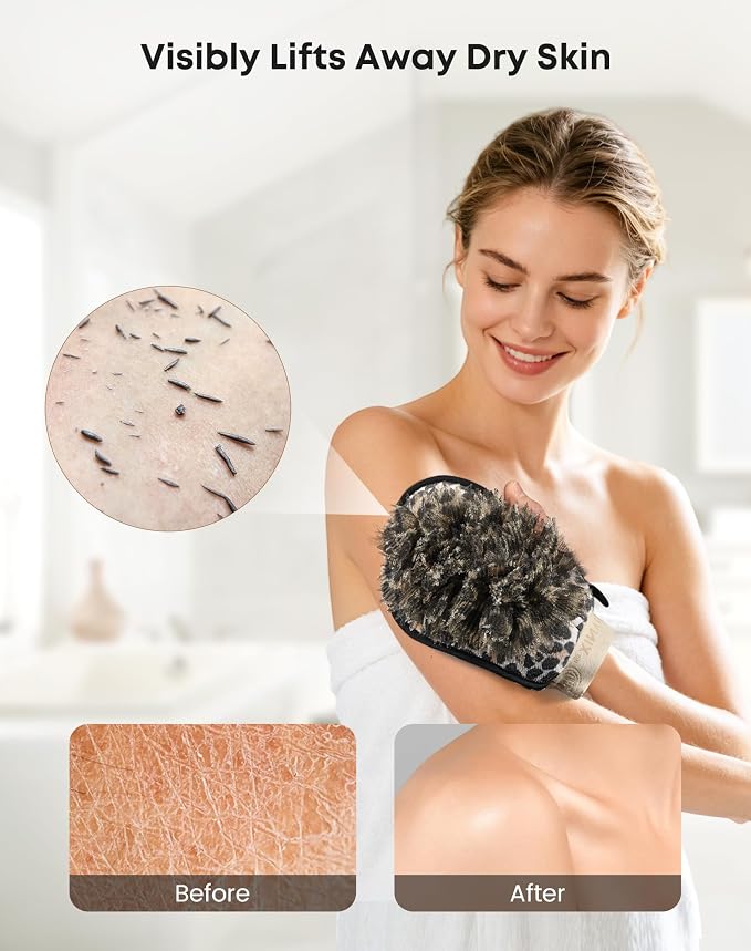 eaxun Exfoliating Back Scrubber with Two Handles & Glove for Shower, Dual-Sided Bath Exfoliator and Mitt with Mesh Loofah for Men, Women, Elderly, Deep Cleansing Body Washer Set - Leopard