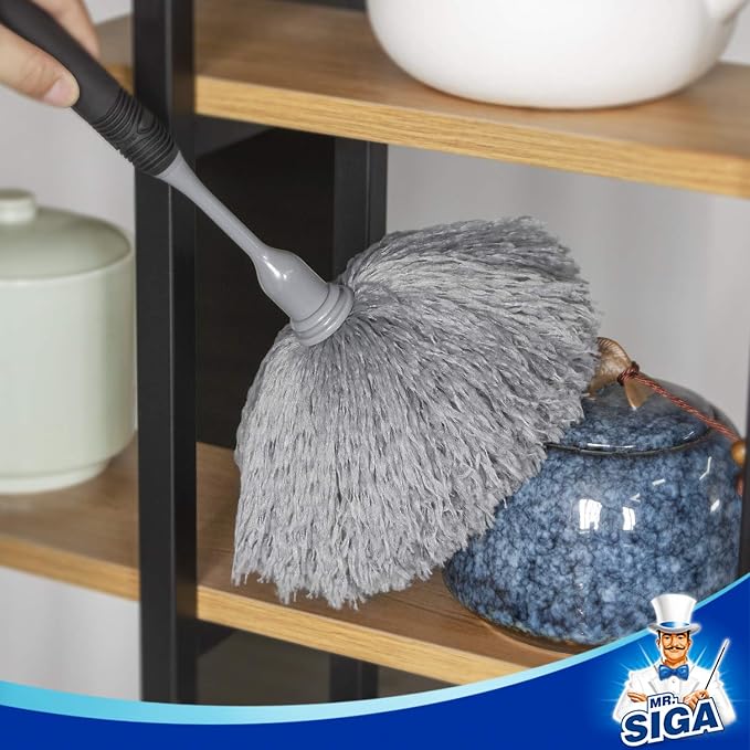 MR.SIGA Microfiber Delicate Duster with Non Slip Handle, Gray & Black | Gentle on delicate surfaces, washable microfibre duster head