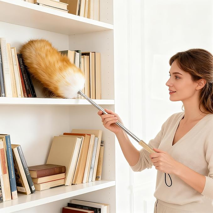 Extendable Lambswool Feather Duster 31-88 Inch, Anti-Static Wool Duster for Cleaning with Stainless Steel Pole - Ideal for High Ceilings, Fans, Interior & Roof (Yellow & White)