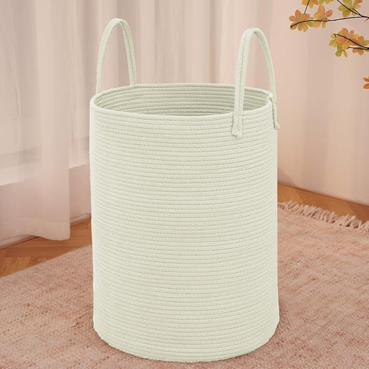 JMvicyroam 80L Cotton Rope Laundry Basket Hamper, White | Collapsible laundry basket, reinforced handles, freestanding, machine washable, holds 3-5 thick blankets, clothes or toys