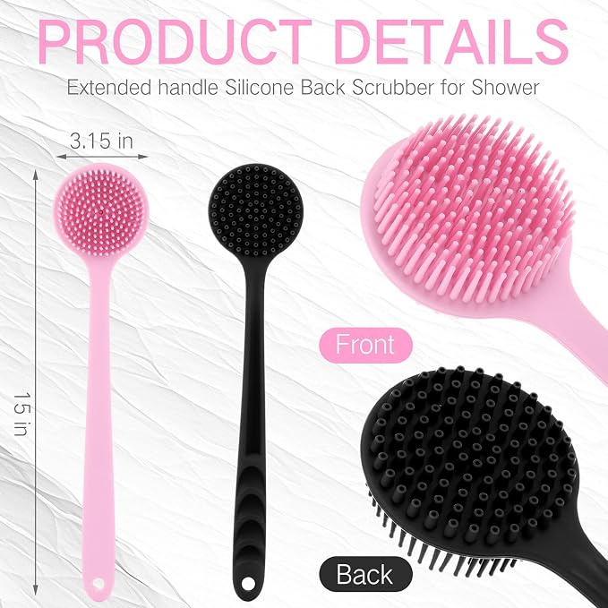Sunnyray 2 Pack Silicone Back Scrubber for Shower with 15" Long Handle Double-Sided Bath Body Brush for Exfoliating Easy to Clean Quick Dry Deep Cleaning Lathers Well(Pink,Black)