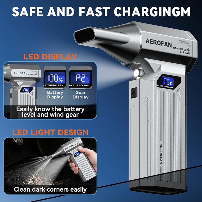 Compressed Air Duster, 160000RPM Cordless Electric Air Duster, LED Light | 4-Gear Adjustable Computer Blower Duster, Mini Hand Turbo Jet Fan, Rechargeable Air Gun for PC/Keyboard/Car/Home/Outdoor