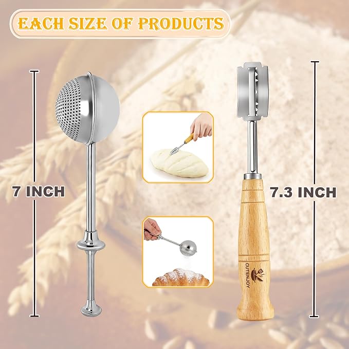 Bread Lame and Flour Duster, 304 Stainless Steel Sourdough Baking Tools with Razor Blades & Leather Cover, Professional Bread Scoring Knife for Baking
