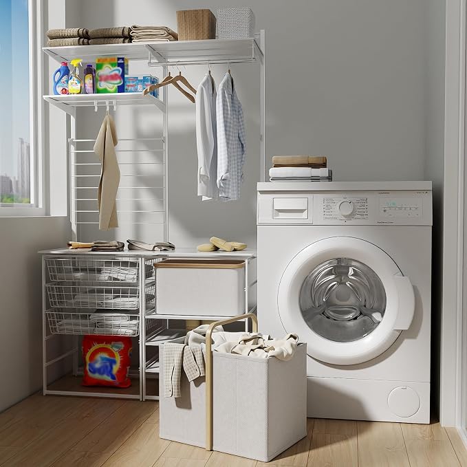 Collapsible Laundry Baskets with Handles 65L Portable Bamboo Laundry Hamper Oxford Fabric Foldable Laundry Bin Portable Cloth Baskets for Storage for Laundry Room Bedroom Living Room White