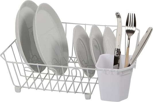 Oggi Compact Dish Drying Rack - White Metal Dish Drainer Rack, Drying Rack Kitchen, Dish Rack, Dish Racks for Kitchen Counter, Durable Coated Metal Kitchen Drying Rack with Cutlery Holder