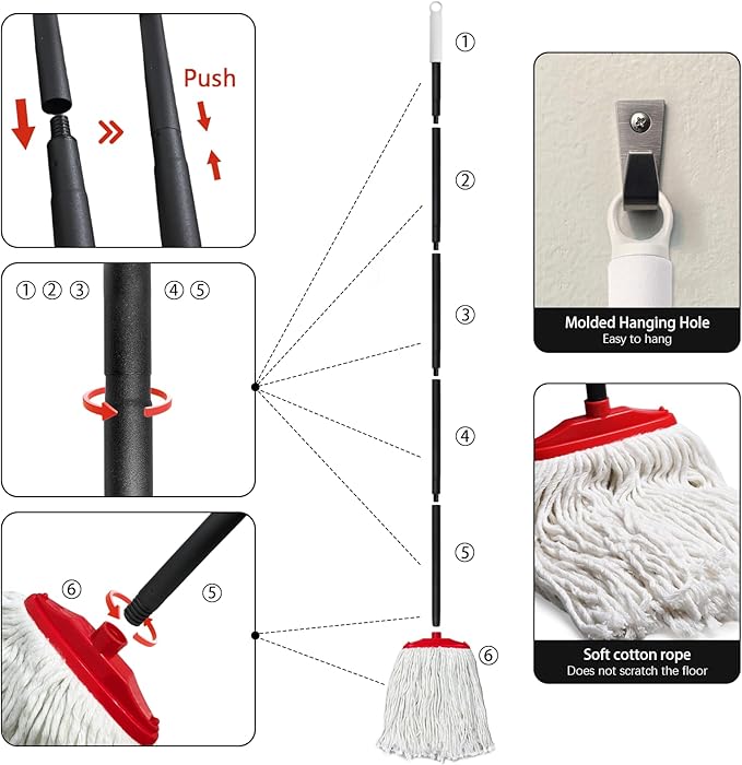 Indoor Cotton Mops for Floor Cleaning - Indoor Cleaning Mop for Wood Floors, Tile, Hardwood Floor, 52" Adjustable Iron Handle Regular Mops to Clean Living Room, Kitchen, and Bathroom. (Red