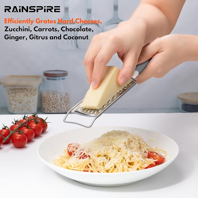 Rainspire Professional Cheese Graters for Kitchen Stainless Steel Handheld, Metal Lemon Zester Grater With Handle For Cheese, Chocolate, Spices, Kitchen Gadgets And Tools, Soft Grip Handle, Grey