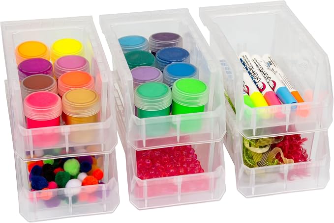 ReadySpace Plastic Containers for Organizing and Storage Bins for Drawers, Desks, Office Organization, and Garage, Stackable Bins, Small (3" x 7" x 4"), 12-Pack, Clear