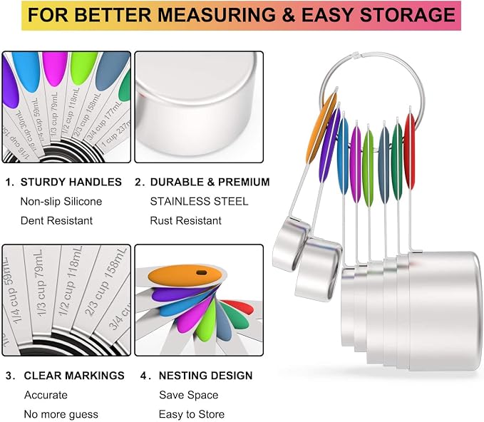 Wildone Stainless Measuring Cups and Spoons Set with Silicone Handle, 16pcs | 8 Measuring Cups and 8 Measuring Spoons, Nesting Design, Heavy Duty for Measuring Dry/Liquid Ingredients, Multicolor