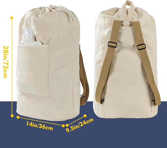 Canvas Laundry Bag, Laundry Backpack, Beige, X-Large | Washable Laundry Collector,Thick Woven Adjustable Shoulder Straps,Large Front Pocket,Drawstring Closure,for College,Camping
