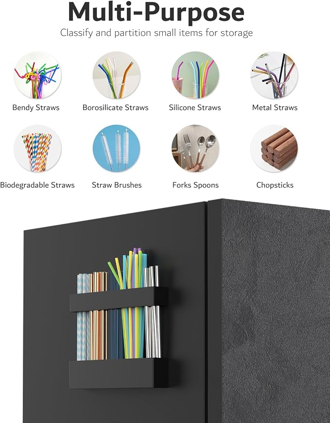 Magnetic Acrylic Straw Holder for Fridge - 5 Slot Sturdy Kitchen Organizer, Adhesive-Free Refrigerator Storage for Metal, Glass, Silicone Straws & Utensils (Separate unit Black-Magnetic Type-5C)