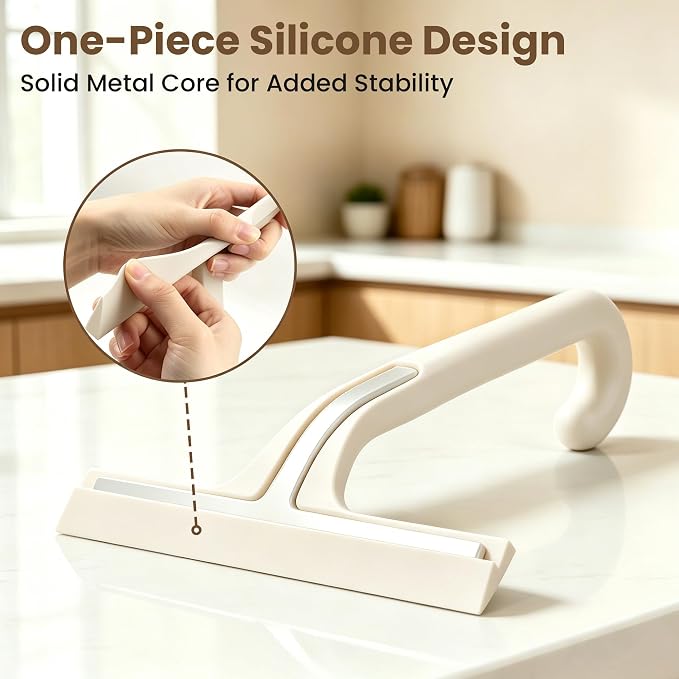 Shower Squeegee for Glass Doors - 10 Inch Bathroom Squeegee with Ergonomic Round Grip, Built-in Hook, Streak-Free No-Squeak Silicone Blade for Shower Glass, Tile Walls, Mirrors & Windows, White
