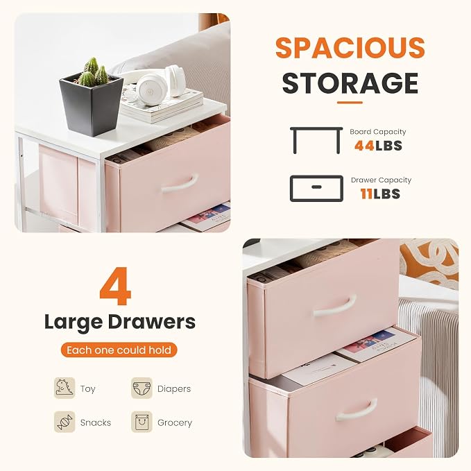 Sweetcrispy Dresser for Bedroom, 4 Drawer Storage Cabinet, Tall Nightstand | Small Fabric Dresser for Closet, Chest of Drawers, Closet Organizer, Home Furniture, Sturdy Frame, Pink