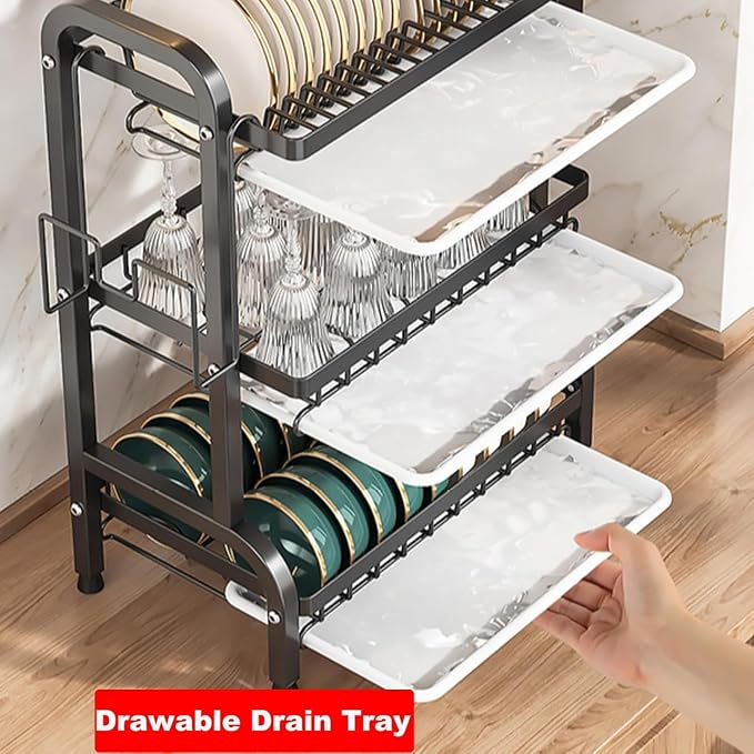 Dish Drainers for Kitchen Counter, 3 Tier Large Dish Drying Rack with Drainboard & Utensil Holders Carbon Steel Dishes Drying Rack for Kitchen Counter Storage