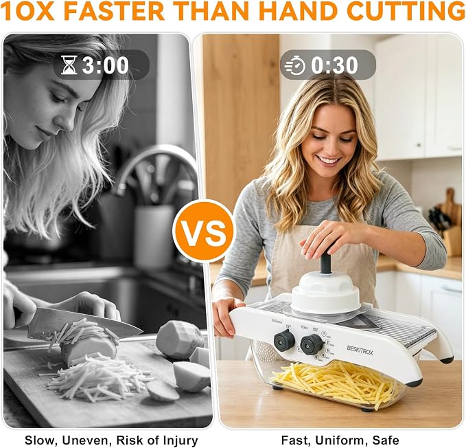 5-Speed Adjustable Mandoline Slicer Manual Veggie Cutter with Safety Guard | 5 slicing thickness options, safe guard avoids cuts, compact slicer for fruit & vegetable home cooking prep