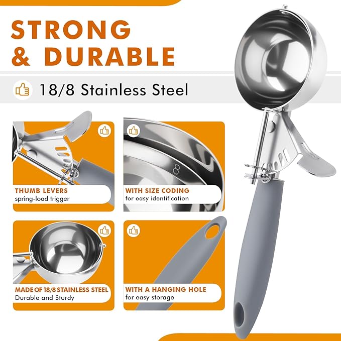 JUNADAEL J 4 OZ Scoop, Large Ice Cream Scoop With Trigger, Disher, Size #8 (1/2 Cup) Cookie Scoop, Muffin Scoop, Cupcake Scoop, Gray Handle, For Cookie, Cupcake, Muffin, Ice Cream, Rice