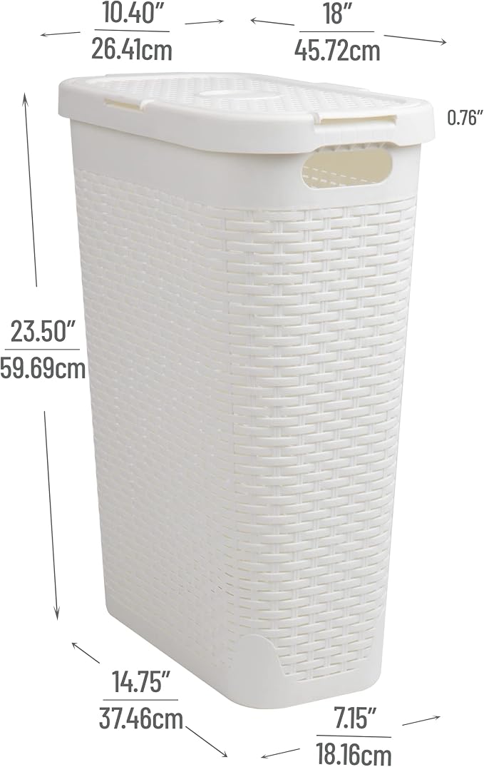 Mind Reader 40L Slim Laundry Hamper with Lid, Narrow Clothes Baskets, Set of 2, White