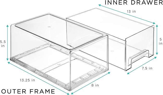 Sorbus Large Clear Storage Drawers (2 Pack) – Stackable Pull-Out Storage Bins with Handles, Slide Out Organizer Drawers for Pantry, Fridge, Kitchen – Stackable Acrylic Storage Bins