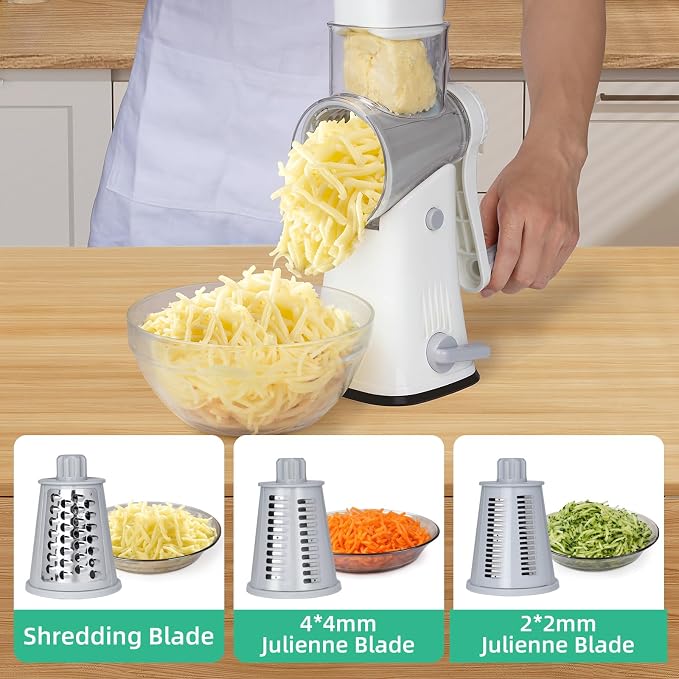 5 in 1 Rotary Cheese Grater, Manual Hand Crank Cheese Grater With Reinforced Suction & 5 Interchangeable Blades, Multifunctional Cheese Shredder, Easy to Use and Clean, White