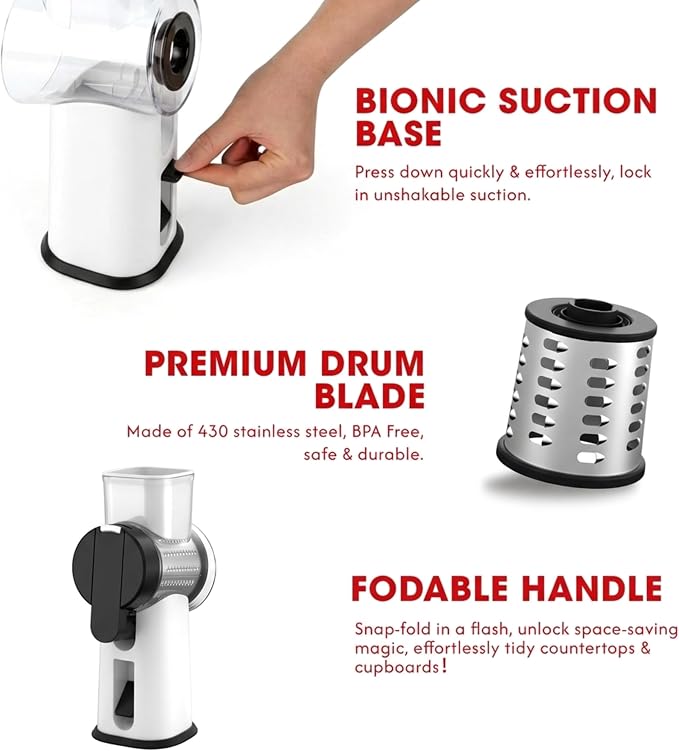 Rotary Cheese Grater Hand Crank with Foldable Handle, 3 Stainless Steel Blades, Perfect Graters for Kitchen, Manual Cheese Shredder Hand Crank with Suction Base, Rotary Grader (White)