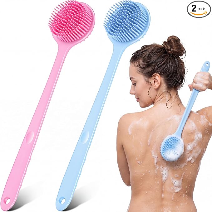Sunnyray 2 Pack Silicone Back Scrubber for Shower with 15" Long Handle Double-Sided Bath Body Brush for Exfoliating Easy to Clean Quick Dry Deep Cleaning Lathers Well(Pink,Nordic Blue)