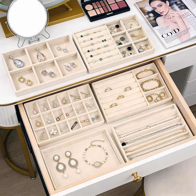 6-Piece Velvet Jewelry Organizer for Drawer with Removable Dividers | Stackable Jewelry Trays, Drawer Organizer Inserts Set with 2 Cleaning Cloths for Women Dresser Vanity