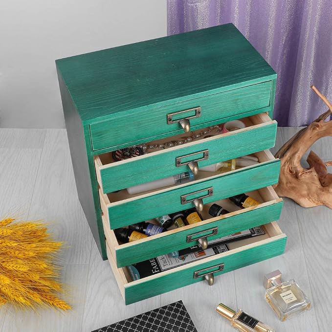GoooodGift Wooden Drawers Large Wooden Box with Drawer, Green | 5 Drawer Wood Storage Box , Vintage Desktop Organizer with Drawers, Desk Organizers for Library Card Catalog Cabinet