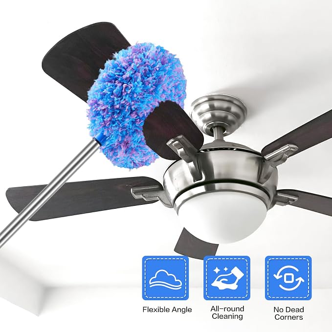 Ceiling Fan Cleaner Duster Reusable Microfiber Ceiling Fan Blade Cleaner Removable Duster with Extension Pole Adjusts 13 to 49.7 Inch for Cleaning Walls Furniture Door Window Top (Blue Pink)