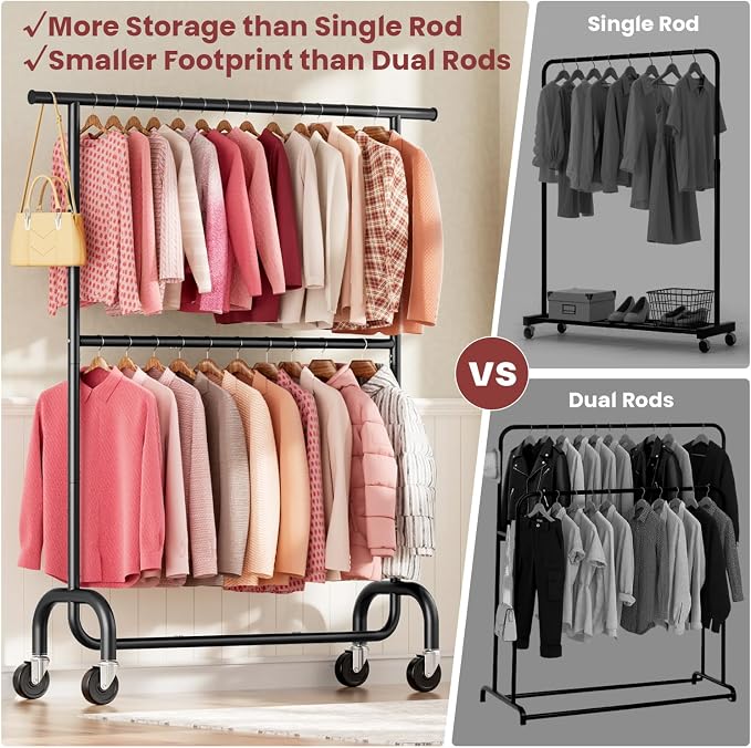 Heavy Duty Clothes Rack for Bedroom - Rolling Clothing Rack with 6-Level Adjustable Height - Lockable Wheels - Portable Garment Rack for Livingroom Laundry Closet - 600 lbs Capacity - Black