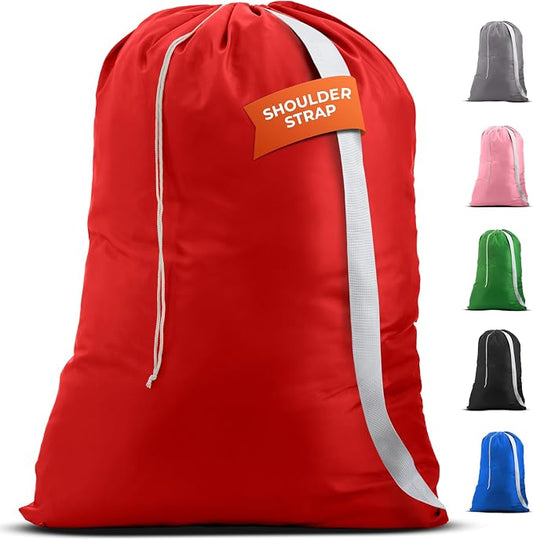 Handy Laundry Bag with Shoulder Strap 30"x40", Extra Large, Red | Holds 2+ Loads, Heavy Duty Rip-Stop Nylon, Machine Washable Drawstring Dirty Clothes Sack, College Dorm, Travel & Storage, XL