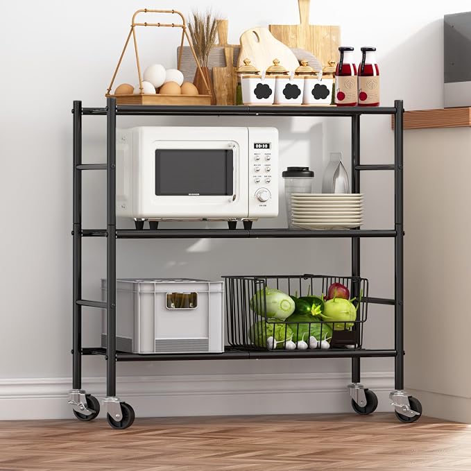 Sakugi Storage Shelves Organizer - 3 Tier Metal Shelf Organizer with Metal Wheels and Adjustable Leveling Feet, Heavy Duty Garage Shelving for Kitchen, Pantry and Closet, 33.1"x12.6"x32.5", Black