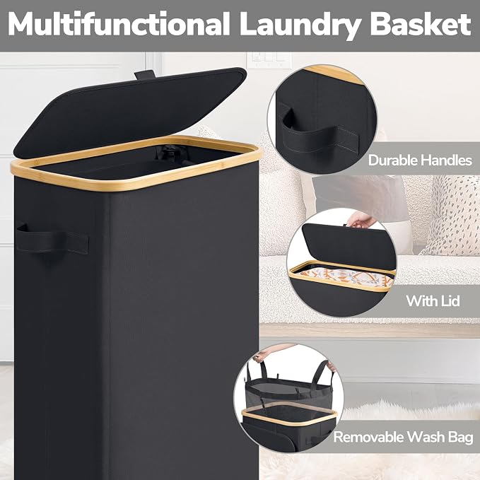 Goodpick 75L Slim Rolling Laundry Hamper with Bamboo Frame, Black | 17 × 9.8 × 29.5 in, Lid Design, Removable Laundry Bag, Bedroom, Bathroom & Home Decor, Clothes & Bedding Storage