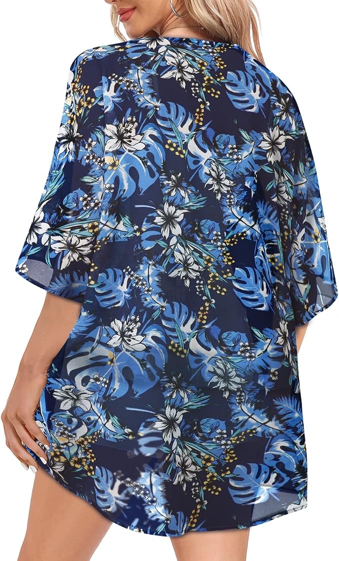 Women Kimono Cardigans Summer Cover Up Hawaiian Shirts Floral Print Tops | ROSEMIA chiffon kimono open front cardigans, beach cover ups, daily casual tops, cruise outfits, summer resort wear