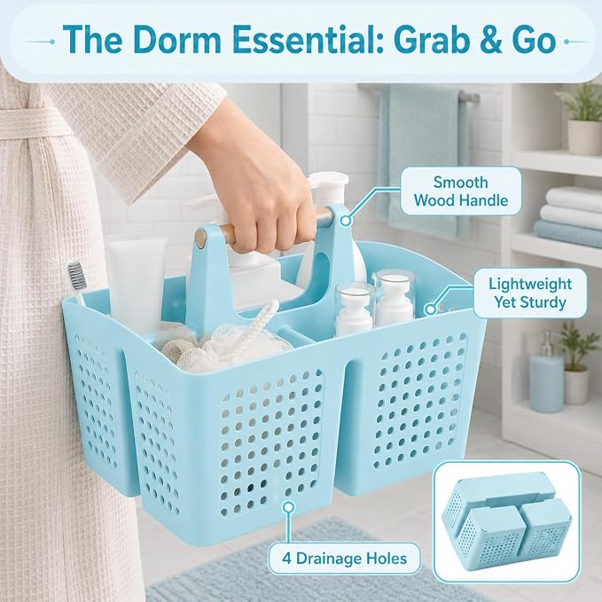 Portable Shower Caddy Basket with Wood Handle, 3-Compartment Bathroom Organizer Tote with Drain Holes, Plastic Shower Basket for Dorm, Toiletries, Cleaning Supplies, Light Blue
