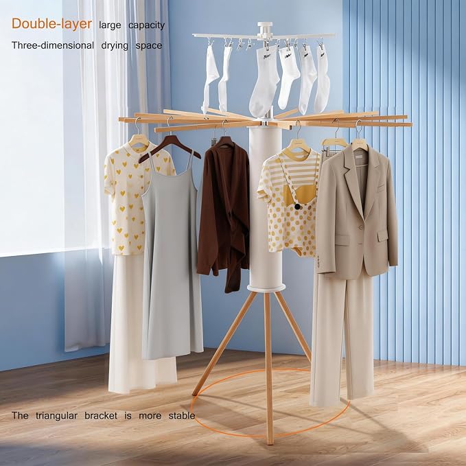 Tripod Clothes Drying Rack Foldable Laundry Drying Rack | Holds 45 lbs, solid wood build, swiveling arms, ready to use, for balcony, bedroom, laundry, garden & indoor/outdoor