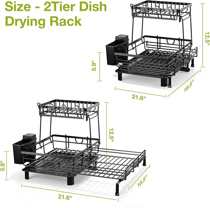 2-Tier Expandable Dish Drying Rack for Kitchen Counter, White | Large Capacity Dish Rack Organization, Heavy-Duty Carbon Steel, 17 lbs Capacity, Swivel Drain Spout & Cup Hooks