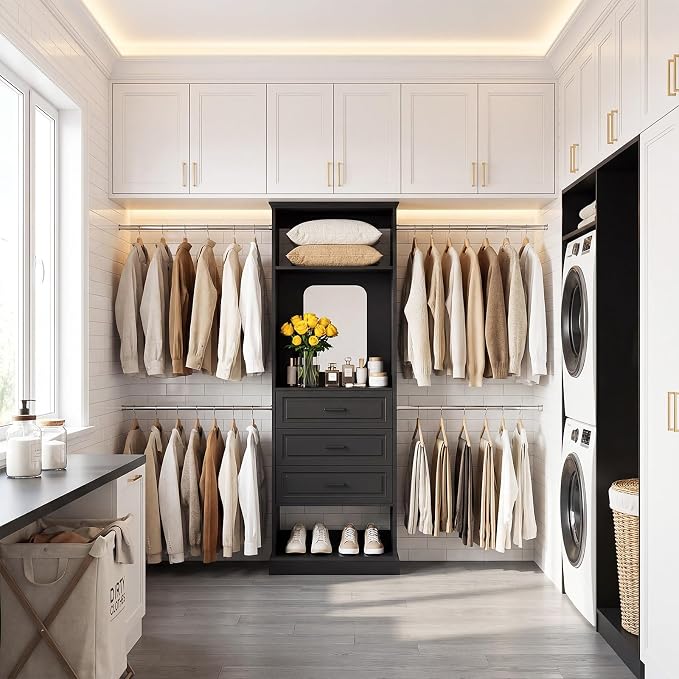 Unikito Closet System, 4FT - 9FT Closet Organizer with Mirror, Luxury Walk in Closet Insert with Drawers and 4 Hanging Rods, Sturdy Wood Wardrobe Closet Garment Rack with 25” Tower, Black