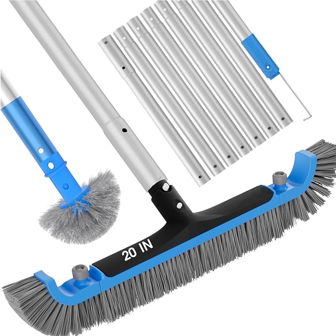 2 in 1 Pool Brush with Pole - 20'' Heavy Duty Swimming Pool Brush & Single Pool Brush Head, 9ft Aluminum Poles, Cleaning Inground & Above Ground Pools