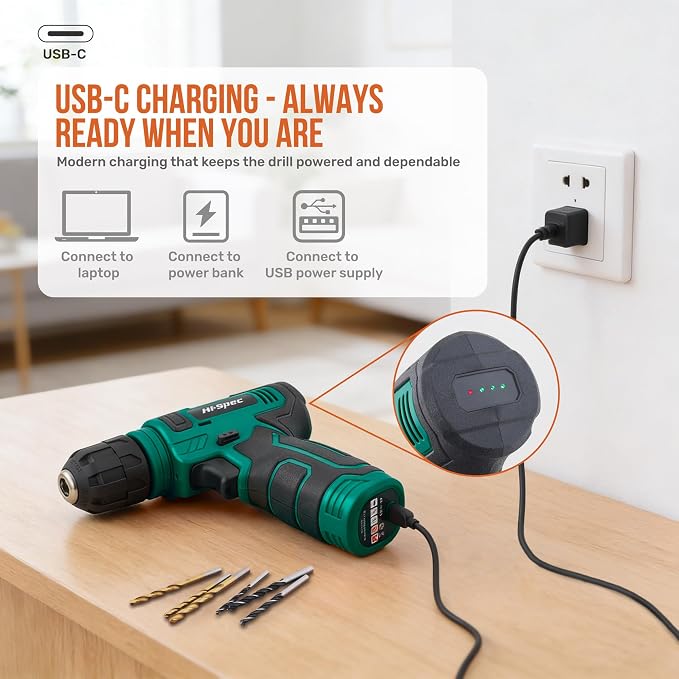 Hi-Spec 8V USB Power Drill Driver and Home Tool Kit with Toolbox Set, Green | Faster holes and Screwdriving, Bit accessories, Compact carry storage, Home setup help, Quick repair and maintenace